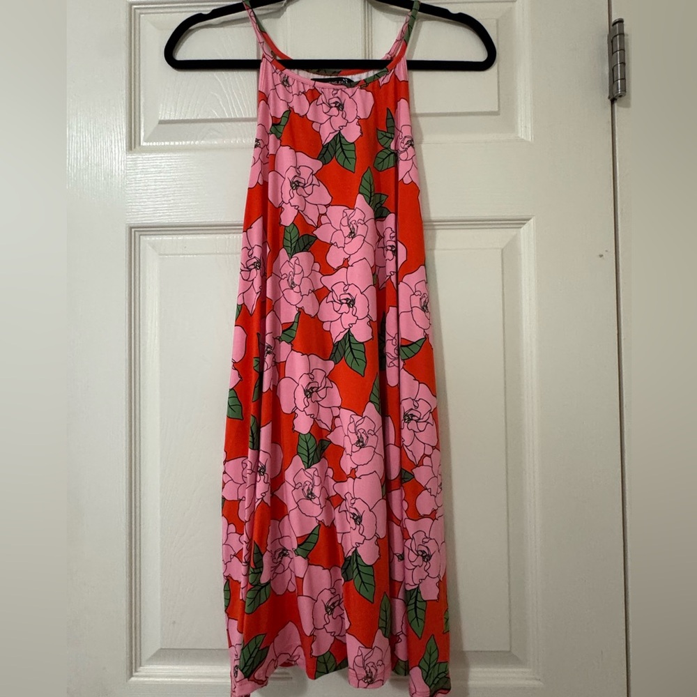 Fighting Eel Pink Floral Maxi Dress with Red Background